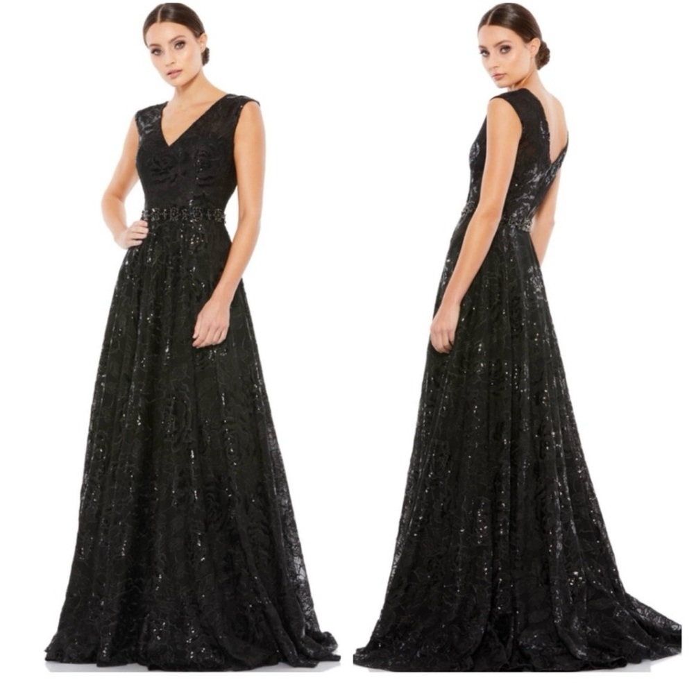 Mac Duggal Black Embroidered V-Neck A-Line Wedding Guest Dress
